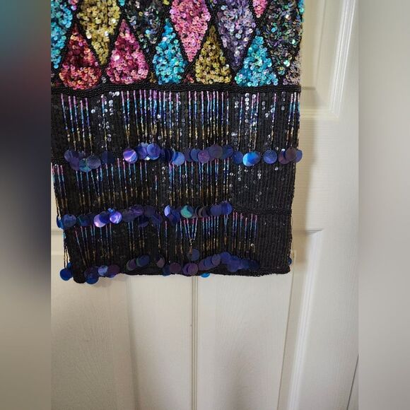 Vintage 80s Colorful Sequins Diamond Argyle Tassel Fringe Midi Dress Fla… - Picture 7 of 13